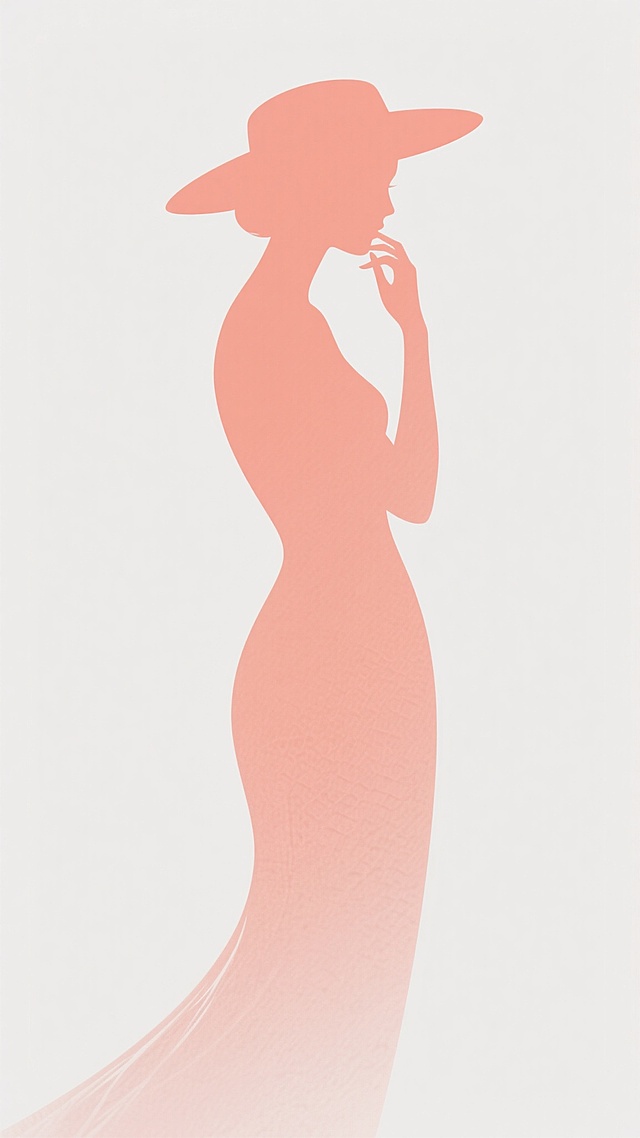 极简风格剪影插画，一位身着优雅鱼尾长裙的女性侧影，头戴宽檐礼帽，右手轻抬至脸颊旁，整体姿态呈现出高贵而娴静的气质。采用柔和的粉橙色渐变填充剪影，边缘带有轻微的模糊晕染效果，背景为纯净的白色，营造出简洁、空灵且富有艺术感的氛围，线条流畅优美，突出女性曼妙的曲线轮廓。