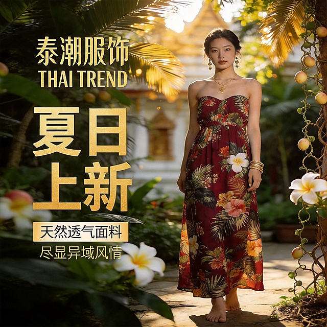 泰潮服饰 THAI TREND 夏日上新，天然透气面料 尽显异域风情，电商宣传海报，整体风格为泰式热带风情，保留现有红发碎花抹胸长裙美女、热带植物果实、泰国寺庙背景、暖金色落日光影，添加品牌名泰潮服饰 THAI TREND、活动主题夏日上新、卖点文案，品牌文字颜色为金色，整体色调和谐自然