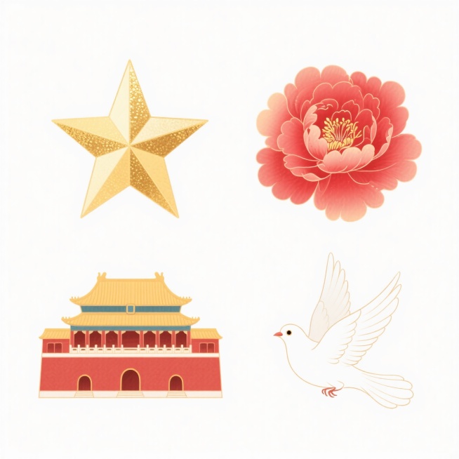 4个物品组合。第一个：五角星；第二个：牡丹；第三个：故宫；第四个：白鸽。白色背景，上下两行，排列整齐预览效果