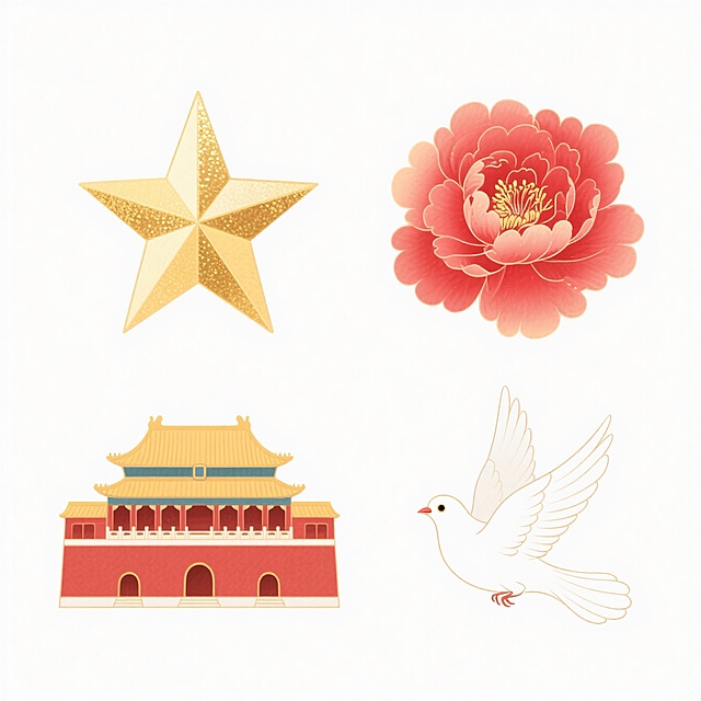中式感插画风，国潮设计，金色五角星、牡丹花、天安门与和平鸽，象征国庆节的繁荣与和平。