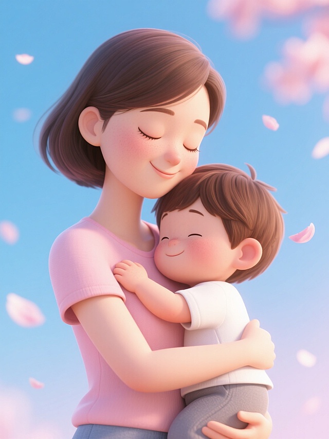 3D卡通风格插画，柔和渐变的粉蓝色调，温暖的侧光效果，柔和的阴影与高光过渡，细腻光滑的3D建模质感，构图采用亲密的近景特写，母亲抱着孩子的温馨场景，母亲变换为温柔的短发造型，穿着浅粉色短袖上衣，闭着双眼面带微笑，小男孩有着棕色短发和圆脸蛋，穿着白色上衣和灰色裤子，双手搂着母亲的脖子，背景有模糊的蓝色天空和飘落的花瓣，整体氛围宁静温暖，充满母爱与幸福感，柔和的边缘处理，低饱和度的色彩搭配，圆润的人物轮廓设计。