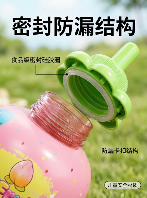 [主图 3] 细节展示图
[氛围/风格] 清新干净特写风格，柔和自然光
[画面元素] 放大展示泡泡瓶的瓶口密封结构，特写瓶盖和密封处，清晰展示倒置防漏的结构细节，保留产品原有水果造型和配色，背景为柔和预览效果