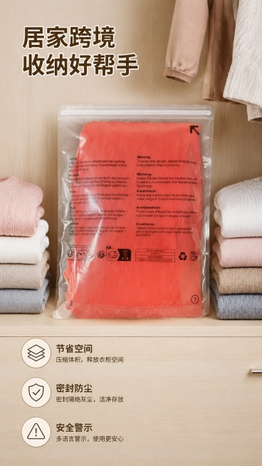 [第6屏] 场景展示-展示真空压缩袋收纳服装的真实居家场景。本屏使用【图1】作为收纳完成产品展示。
[氛围/风格] 温馨生活化场景，整洁收纳氛围，真实自然摄影质感
[元素布局] 场景满铺构图，压缩袋放预览效果