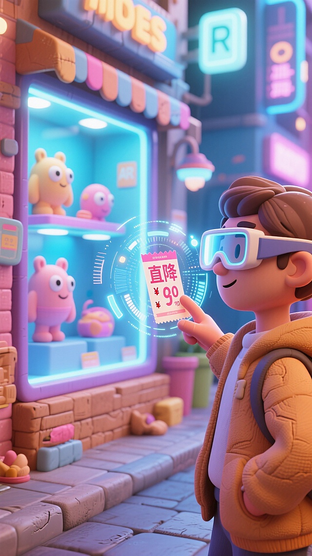 软3D风卡通场景，未来感十足的虚拟现实购物街，人物佩戴AR眼镜互动，粘土质感与霓虹灯效融合，科技感与童趣并存。