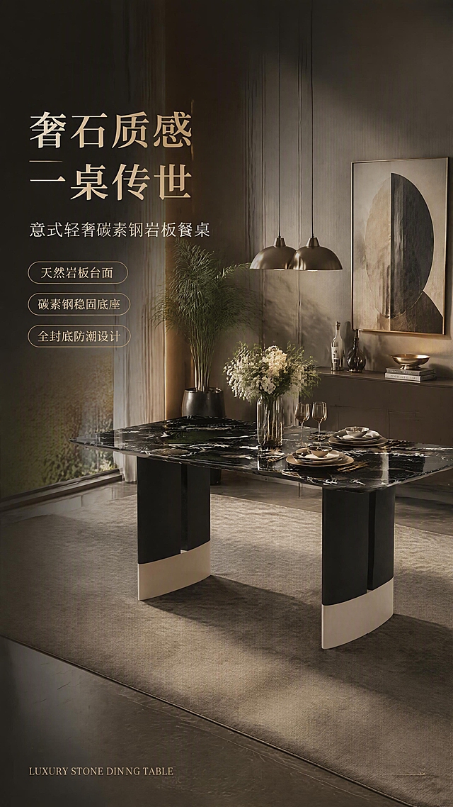 [第1张] 详情页头图-意式轻奢黑玫瑰岩板餐桌主视觉海报。本张使用【图1】作为商品主体，保持餐桌的双柱碳素钢底座、钻石黑+卡其灰双色拼接桌脚、黑玫瑰岩板台面纹理和整体结构完全一致。
[氛围/风格] 意式轻奢高级感，现代简约餐厅场景，商业摄影质感，暖调自然光营造温馨用餐氛围。
[元素布局] 餐桌置于画面右侧中部，占比约55%-60%；左侧为文案区；背景是现代轻奢餐厅空间，包含浅灰色墙面、金属吊灯、艺术装饰画、绿植、餐具摆件、地毯等软装元素，层次丰富；餐桌台面可摆放精致餐具和花艺装饰。
[光影质感] 左上方暖调自然光为主光源，右侧辅光补光，桌面有柔和高光反射，桌脚底部有自然投影，整体光影通透有层次。
[配色色系] 全局底色 #2C2420 深棕黑；主色黑金+卡其灰；辅助色暖米白、金属古铜色。
[视角构图] 45°斜侧视角，景深适中，产品为视觉中心，阅读动线左上标题→右侧产品→底部信息条。
[文字版式] 左文右景版式。主标题「奢石质感 一桌传世」，副标题「意式轻奢碳素钢岩板餐桌」，两行衬线字体左对齐；标题下方3个胶囊卖点「天然岩板台面」「碳素钢稳固底座」「全封底防潮设计」；底部英文角标「LUXURY STONE DINING TABLE」；文字不遮挡餐桌主体。
[比例分辨率] 9:16竖版比例，4K分辨率，文字清晰可辨，高清画质。
[负向提示词] 餐桌变形，缺件错件，结构错误，颜色偏差，水印，文字错乱，文字过小，产品图模糊，背景杂乱。