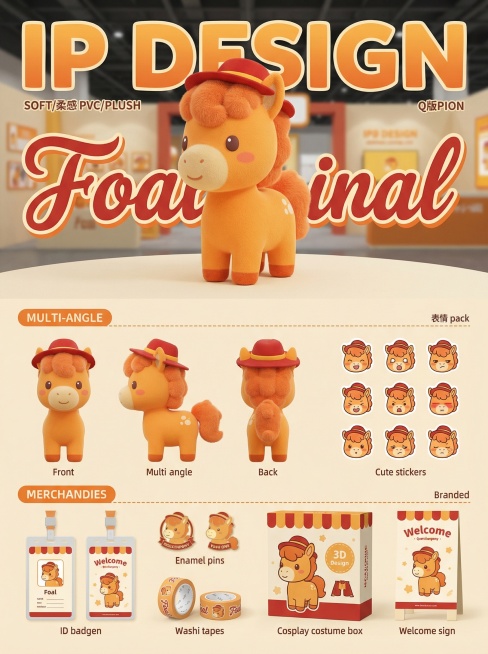 Q版萌系3D IP全案设计，主体为橙色小马“foal ”（带红色帽子，软胶/毛绒质感），配色以橙黄为主，搭配红色、米色等马卡龙柔和色调。排版分区域展示：顶部呈现主IP形象+“IP DESIGN”“Fo预览效果