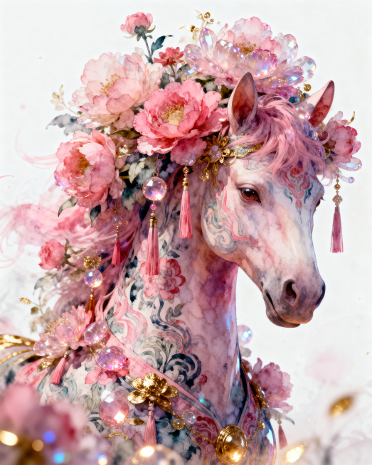 生肖馬，鲜花组成，粉色系鲜花组合而成的神駿馬，层次分明，色彩斑斓美轮美奂，线条柔美灵动，传统美学，立体感，白色背景，高清渲染。巨大压迫感，蓬松质感细节，满头花草装饰，满头流苏装饰，层层叠叠，复杂精致，预览效果