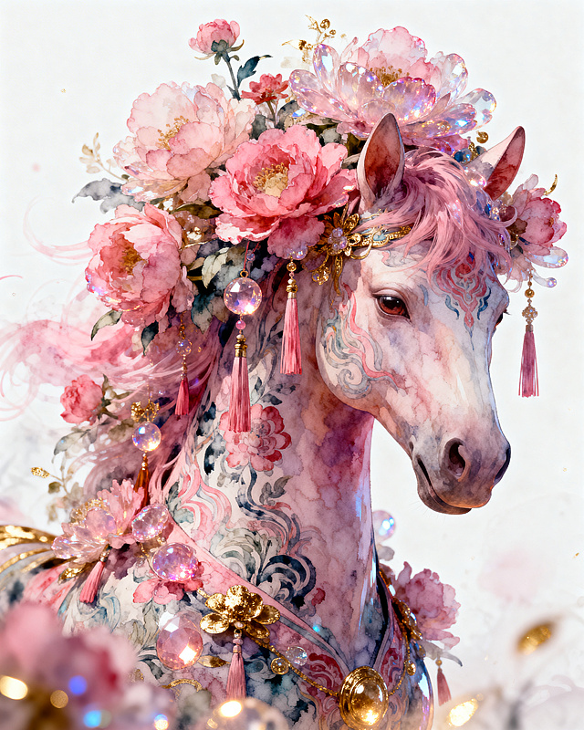 梦幻感与唯美交织，工笔风与水彩风融合，粉色花冠点缀晶莹珠饰，虚拟自然中的优雅马首，绽放浪漫甜蜜的东方诗意。