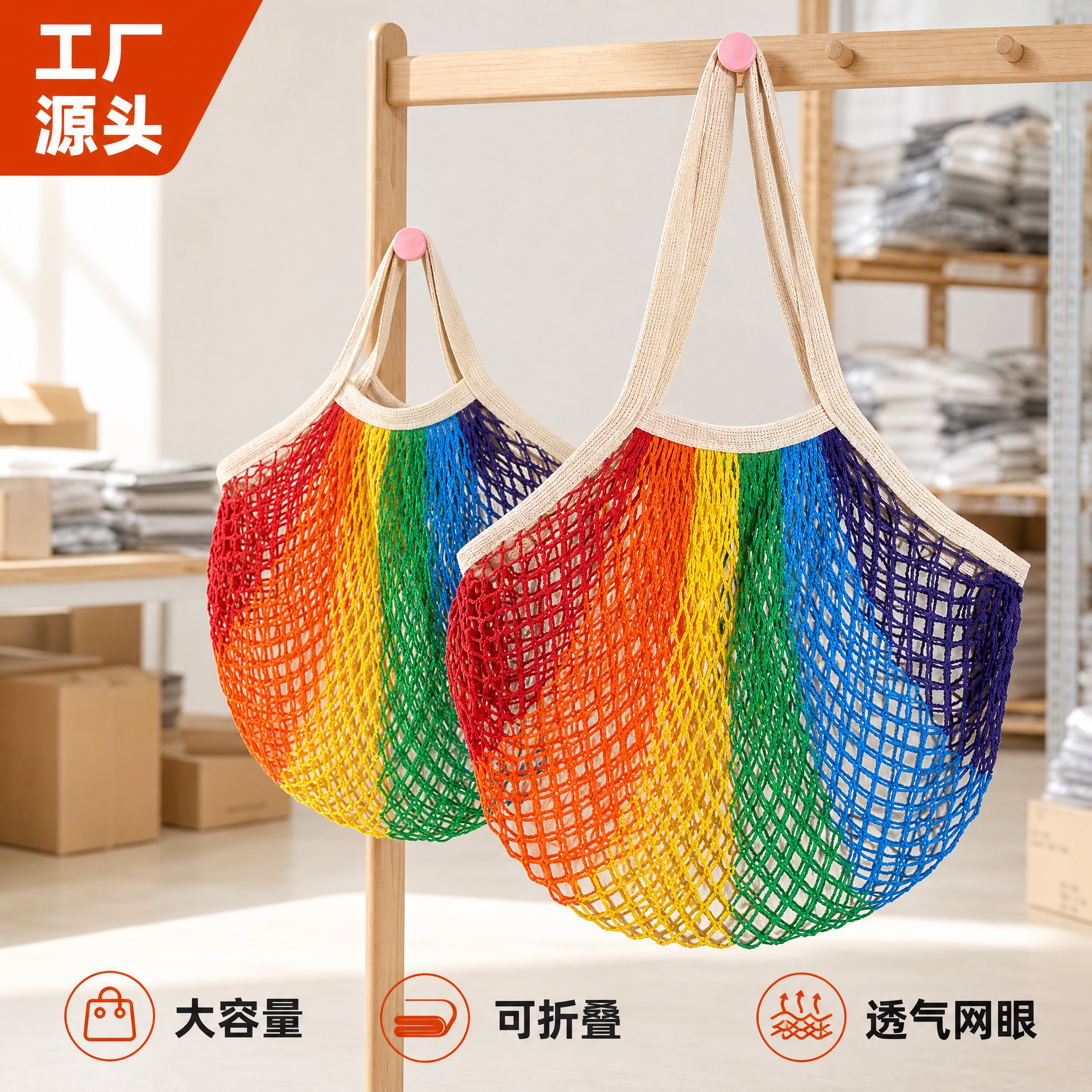 [主图-1] 1688平台首图，展示彩虹条纹棉网购物袋产品全貌… - 图片创意预览