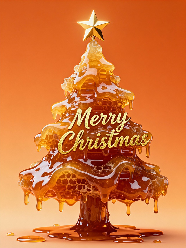 液态蜂蜜流淌的3D圣诞树，鎏金星顶与闪亮字迹交织，重拟物风呈现甜蜜梦幻的节日温馨感。