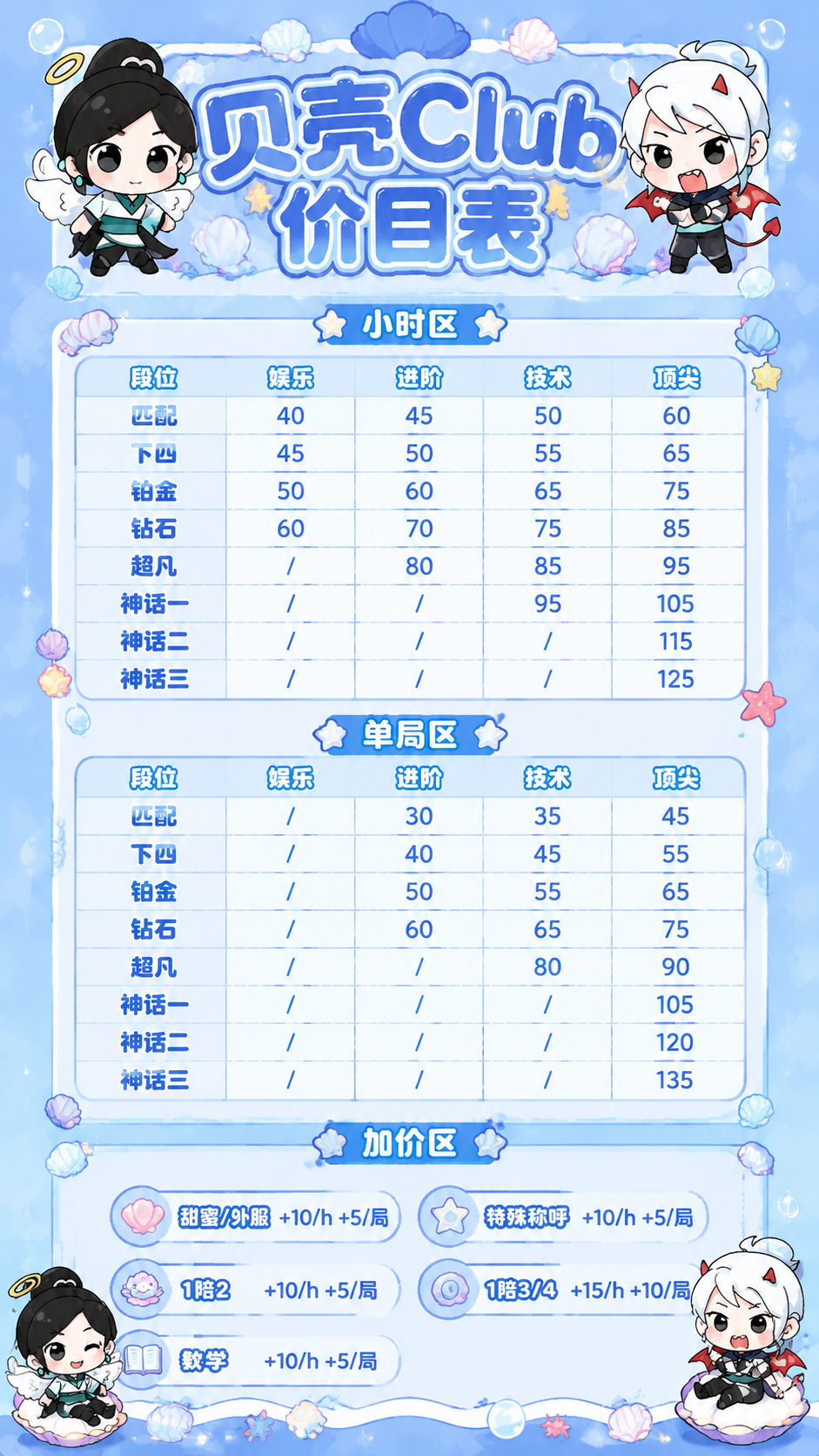 无畏契约游戏俱乐部价目表海报，名称为“贝壳Club”，蓝白配色… - 图片创意预览