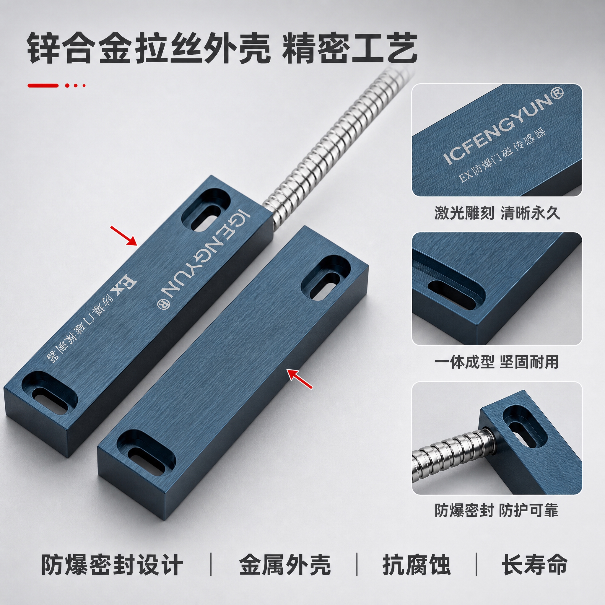 [主图-3] 材质工艺细节图，主题为防爆门磁金属外壳与工艺细节… - 图片创意预览
