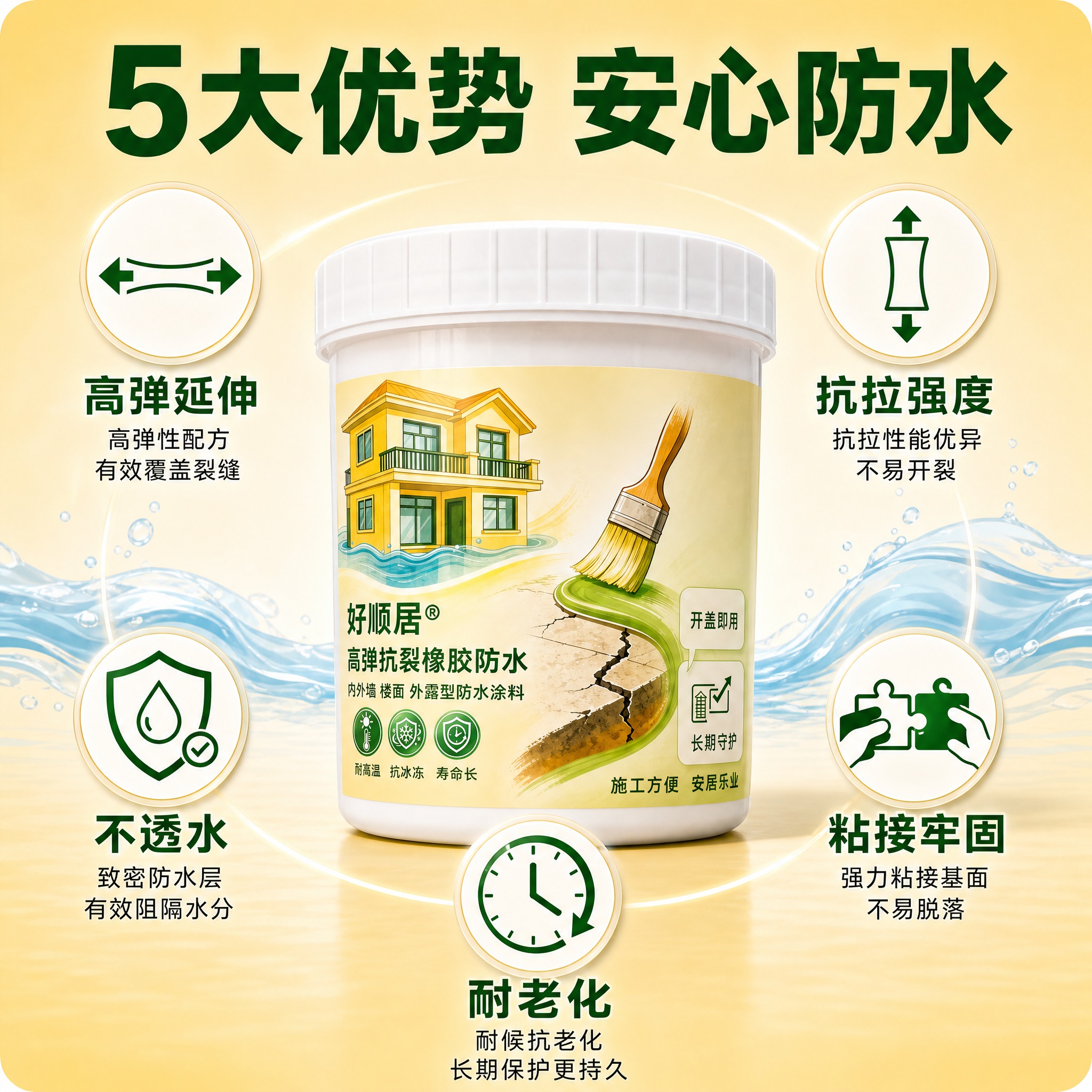 [主图-2] 核心功能环绕图。好顺居高弹抗裂橡胶防水1KG产品… - 图片创意预览