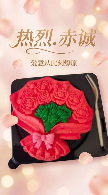 按照参考图的风格，保留这款花束蛋糕的款式不变，生成一张520情人节氛围海报，背景为浅粉色，带有浪漫散焦光斑和粉色花瓣装饰，在海报上方加上金色文字：第一行大字是"热烈.赤诚"，第二行小字是"爱意从此刻燎预览效果