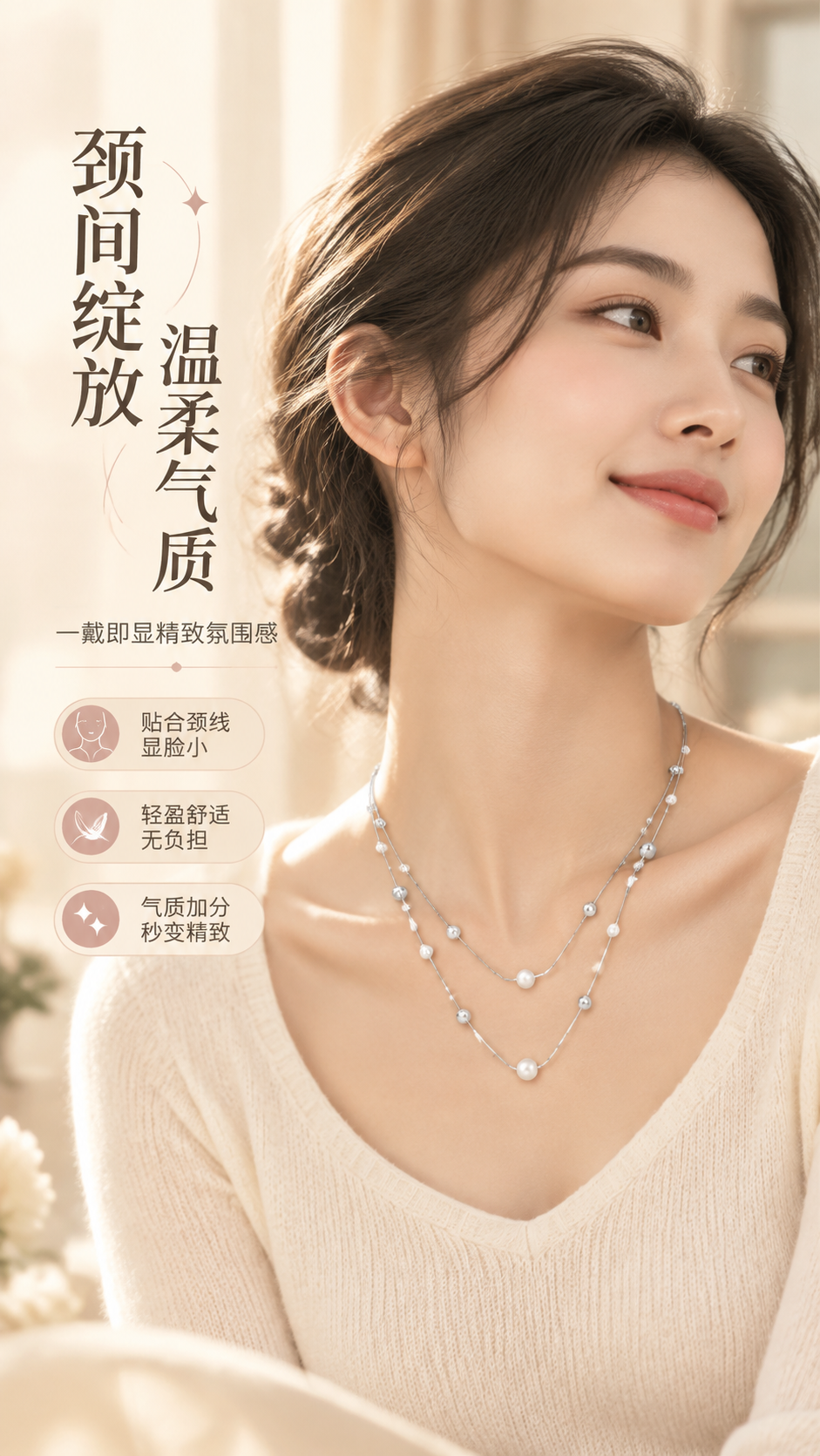 [商品] 使用【图1】双层叠戴珍珠银球项链；佩戴于模特颈部，保… - 图片创意预览