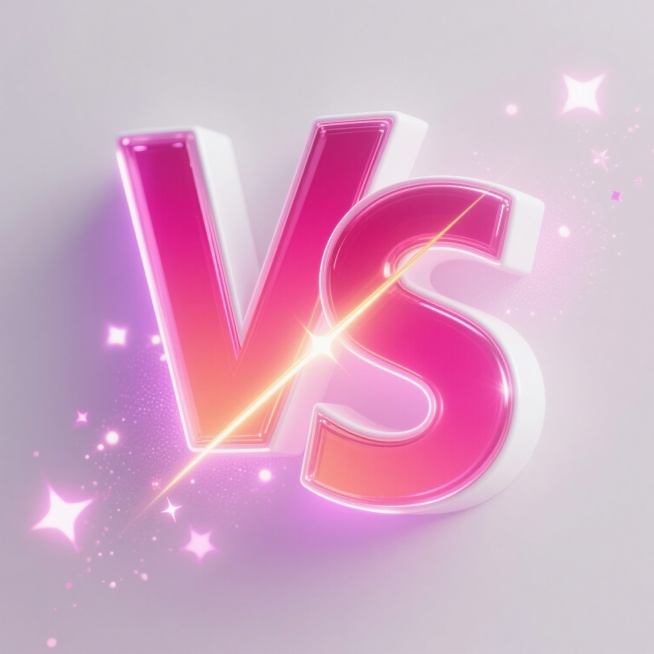 白色背景上，3D立体效果的“VS”英文字母，采用明亮的玫红色渐变填充，边缘有白色高光勾勒，字母表面光滑有玻璃质感，周围环绕着粉紫色的光晕和闪烁的星点粒子，一道金色的光束从字母斜穿而过，营造出梦幻而动感的光影特效，整体风格现代、科技感十足，视觉层次清晰，色彩鲜明且和谐统一。预览效果