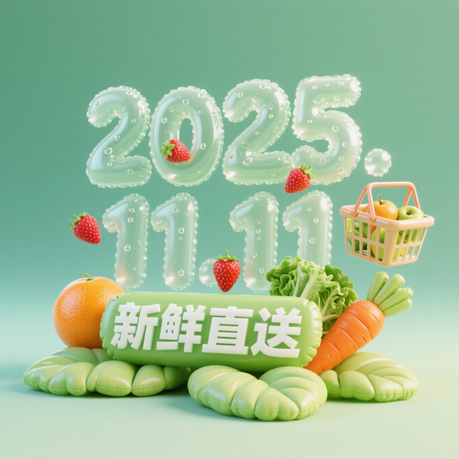 充气膨胀 “2025.11.11” 艺术字，采用半透明充气材质，内部模拟生鲜水珠光泽。数字间隙夹着迷你充气水果（草莓、橙子、生菜、胡萝卜）。背景为淡绿色，底部用充气叶子。叶子上有“新鲜直送” 标语，右预览效果