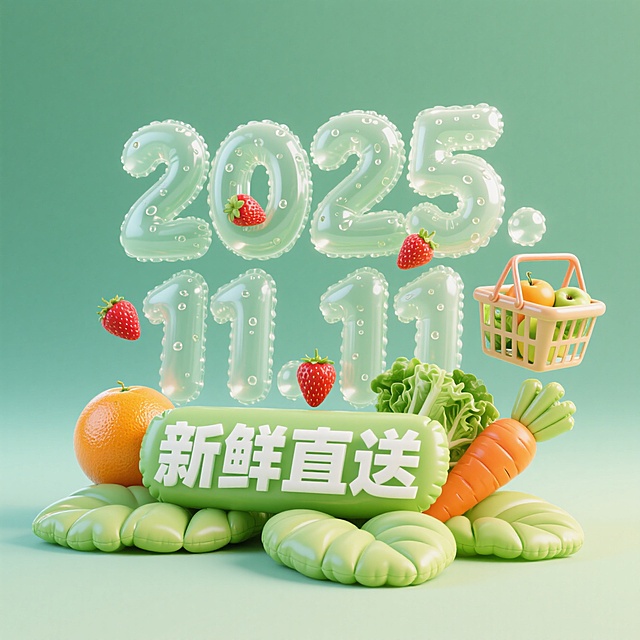 透明充气 “2025.11.11” 数字，双 11 生鲜新鲜直送