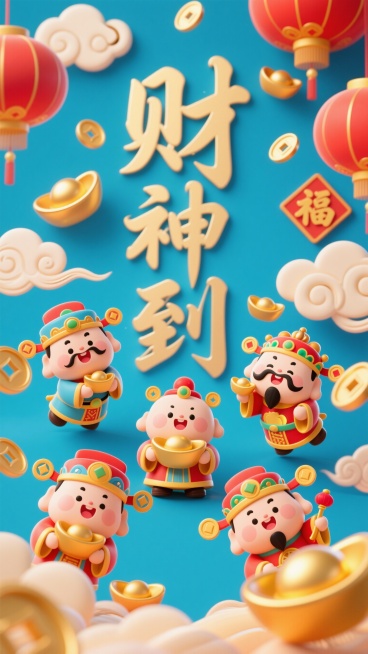 5个Q版各路财神从左下方、正下方、右下方分别探出头，喜气洋洋，中心配草书大字“财神到”，高品质，新年氛围，金元宝，祥云，“福”，“财”，极致细节预览效果