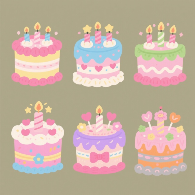 一套6个不同造型的生日蛋糕系列素材，保持甜美可爱的手绘卡通风格，每个蛋糕都有双层结构、奶油装饰、蜡烛和星星元素，整体色彩分别变换为粉蓝、粉绿、粉黄、粉紫、粉橙、粉灰配色，每个蛋糕造型在细节装饰（如爱心、花朵、蝴蝶结、糖霜纹理）上有独特变化，所有蛋糕规整排列在纯色背景上，画面简洁明快，适合作为生日主题的系列设计素材。预览效果