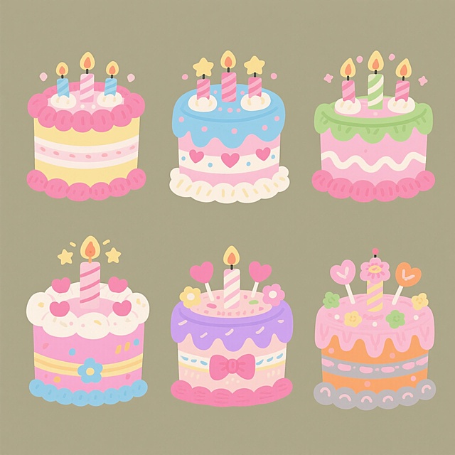 一套6个不同造型的生日蛋糕系列素材，保持甜美可爱的手绘卡通风格，每个蛋糕都有双层结构、奶油装饰、蜡烛和星星元素，整体色彩分别变换为粉蓝、粉绿、粉黄、粉紫、粉橙、粉灰配色，每个蛋糕造型在细节装饰（如爱心、花朵、蝴蝶结、糖霜纹理）上有独特变化，所有蛋糕规整排列在纯色背景上，画面简洁明快，适合作为生日主题的系列设计素材。
