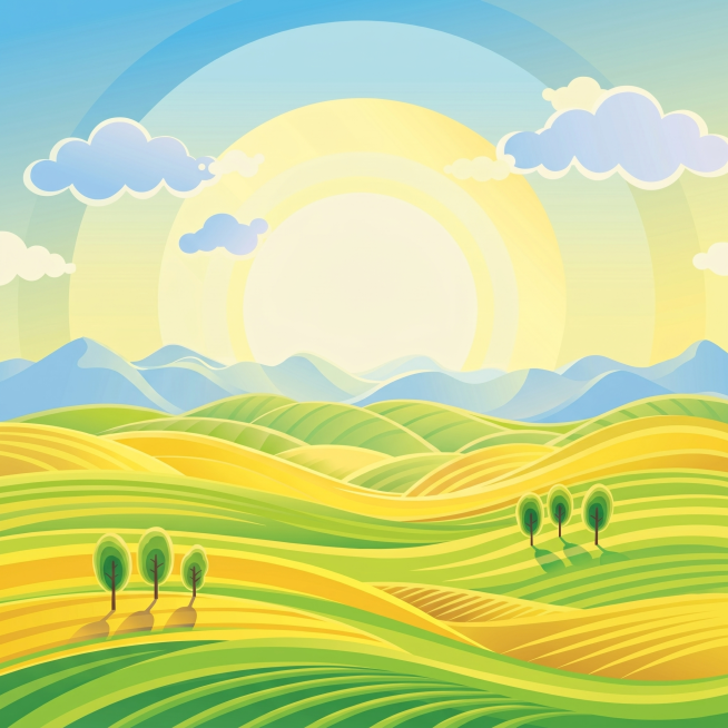 参考该图片的扁平插画风格，重新生成山丘田园日出风景，保持相同的渐变色彩和构图风格预览效果