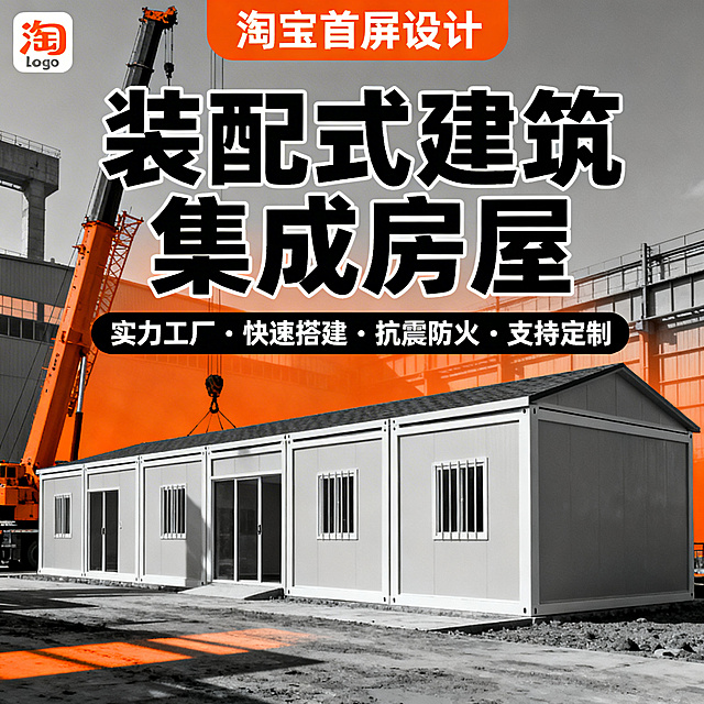 淘宝首屏海报，装配式建筑集成房屋，视觉冲击风格，夸张工业光影，主标题"装配式建筑集成房屋"，副标题"实力工厂 · 快速搭建 · 抗震防火 · 支持定制"，粗黑体大字，左上角留logo位，主色调工业灰+醒橙点缀