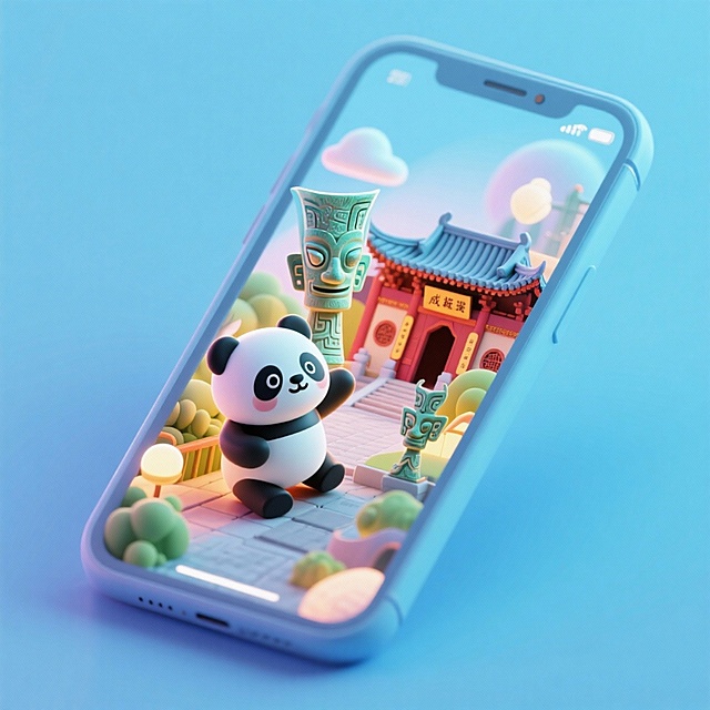 一个手机创意微缩场景，手机平放，侧面对着观众，手机俯视角度，立体的成都景观从屏幕内出来，有熊猫，三星堆，武侯祠，整体色调立体魔幻。青色背景。具有梦幻感,打光营造出柔和氛围强调梦幻和未来感的美学。