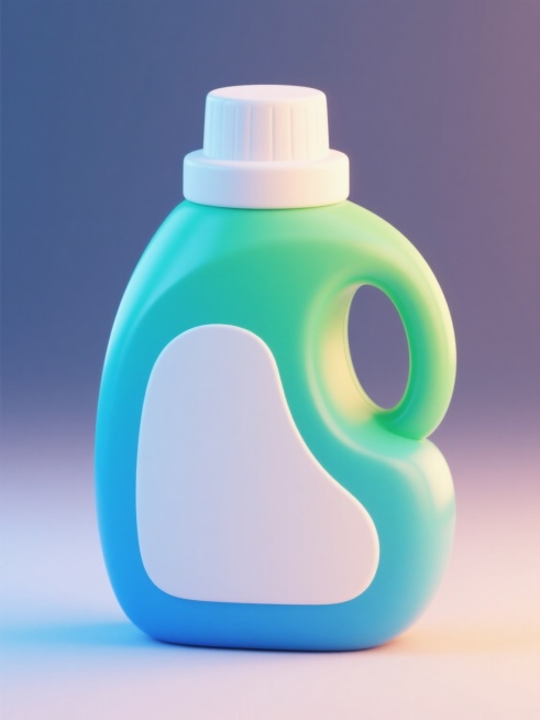 近景平视角度，扁平化矢量风格，渐变蓝绿的洗衣液瓶身占据画面中心，白色标签与瓶盖简洁干净，侧面流畅圆形手柄凸显，线条圆润柔和，明快色彩与清晰轮廓构成专业产品图标感的视觉呈现预览效果