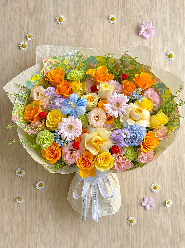 [主图 5] 春日多巴胺鲜花花束全景俯拍展示。
[氛围风格] 温馨阳光治愈氛围感，和整套主图风格统一；
[画质] 商业摄影质感，光线柔和通透，产品清晰真实，画面干净高级，超高清。
[元素] 整束春日多巴胺鲜花花束平铺放置在原木桌面上，旁边点缀几支散落的小雏菊和一片樱花花瓣。保持花束整体造型、花材颜色搭配和包装设计与原图完全一致，精细化处理不变形。背景简洁干净，主体占比约70%，画面无边框，不要添加任何文字。
[光影] 柔和北向自然光均匀铺洒，整体光影干净明快，凸显花材层次和包装纹理，阴影柔和不生硬。
[配色] 保留花束本身丰富多巴胺色彩，原木浅色调背景衬托鲜花更加鲜艳活泼，整体配色协调舒适。
[视角构图] 俯视45度拍摄，完整展示整束花的全景造型，构图饱满均匀。
[比例分辨率] 3:4 比例，2k 分辨率，画面超高清，无任何文字。
[负向提示词] 变形，水印，文字错乱，产品模糊，背景杂乱，添加文字，牛皮癣广告，配色刺眼，遮挡主体