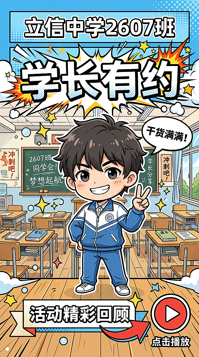 立信中学2607班学长有约活动视频回顾漫画版竖屏封面，9:16比例，日系校园漫画风格。画面顶部"立信中学2607班"漫画字体标注。中央大标题"学长有约"用漫画风格艺术字，带速度线和爆炸效果装饰。画面中部是Q版漫画风格的初中男生学长形象，穿着校服，自信地比出V字手势，旁边有对话框写着"干货满满！"。周围有漫画风格的星星、闪光、气泡等装饰元素。底部"活动精彩回顾"漫画字体，配一个指向播放按钮的箭头。背景为校园教室场景漫画风格，有黑板、课桌、窗户等元素。整体色彩鲜艳活泼，充满青春校园漫画感。版式精美，层级分明。画面中所有信息区域必须填充完整合理的内容。