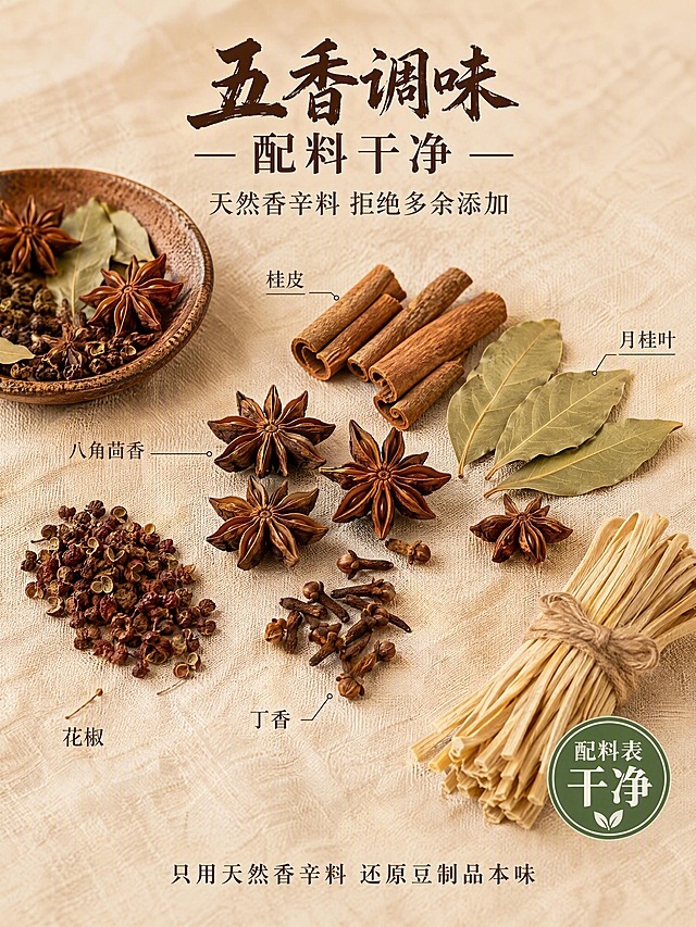 成分产地 干净配料五香调味页 食材配料展示风 清新自然 暖棕色调 商业美食微距摄影质感 画面中央为各种天然香辛料平铺展示 占画面约六成 桂皮小段整齐排列 八角茴香完整颗粒 月桂叶新鲜叶片 花椒粒 丁香等 分别摆放在浅米色亚麻布背景上 香辛料之间留出自然空隙 形成美感构图 画面右下角放置一小捆干豆腐丝作为产品关联 占比约一成半 左上角有粗陶小碟盛部分香料 整体呈现配料干净 天然香辛料调味的健康形象 柔和侧光从左侧照射 香料表面呈现自然光泽 桂皮粗糙纹理 八角立体结构 月桂叶叶脉清晰可见 阴影柔和自然 整体光线均匀通透 全局底色浅米黄 主色暖棕 香料深褐 辅助色叶绿 月桂浅绿 姜黄点缀 俯视45度视角 香料呈放射状分布 形成视觉焦点 景深较浅 主体清晰 背景柔和虚化 阅读动线从中央香料向四周扩散 顶部主标题 五香调味 配料干净 粗笔书法体深棕色居中 副标题 天然香辛料 拒绝多余添加 温润宋体 中部每味香料旁配细线引线与名称标注 桂皮 八角茴香 月桂叶 小巧精致 右下角圆形标识 配料表干净 绿色边框白字 底部一行小字 只用天然香辛料 还原豆制品本味 竖版3比4比例 4K分辨率 文字清晰可辨 高清画质 变形 水印 文字错乱 文字过小 产品图模糊 背景杂乱 多余的手 畸形手