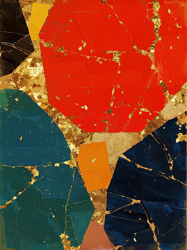 复古撞色风格背景，以正红色为基底，搭配复古赭石黄、墨蓝色、军绿色不规则几何色块与斑驳纹理交织，金色碎箔状装饰随机散布，呈现出具有年代感的撞色视觉效果，整体色调浓郁饱和且和谐统一，纹理细节丰富有质感。