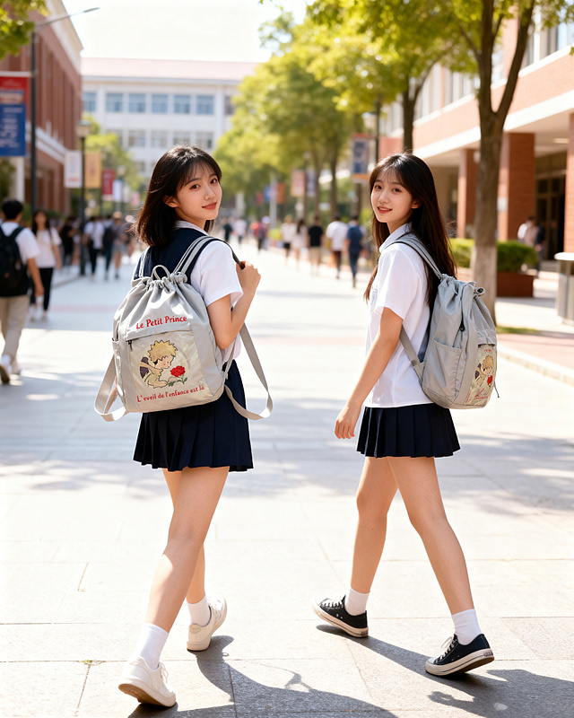 浅灰色束口双肩包，包上面的图案与参考图完全一致，保持产品颜色和图案、物理结构绝对不变，严禁扭曲变形。场景是明亮的大学城逛街街道，两位东亚女大学生，一位双肩背着此包包逛街行走，另一位女同伴侧身背着这个同款包包，姿态松弛自然，抓拍行走瞬间，明亮漫射自然光，画面干净通透，突出包包的时尚性和便利性，商业时尚街拍，4K超清分辨率。保持4:5比例。