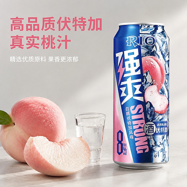使用电商主图技能生成6张比例1:1的电商主图，适配平台为淘宝/天猫，商品为「图片1」，商品卖点为强爽8度白桃伏特加鸡尾酒，高品质伏特加 搭配真实黑汁