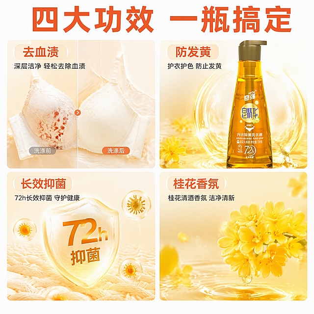 第4张 奇强皂精华内衣洗衣液主图，四宫格多功效，一瓶搞定。使用图1作为商品主体。
四宫格拼图，多场景，信息丰富。
2x2四宫格。左上：去血渍，内衣对比；右上：产品瓶特写占50%外观与输入图一致；左下：72h抑菌，护盾可视化；右下：桂花清酒香氛。每格白间隙分隔。
每格明亮柔光，统一洁净感。
整体金黄暖橙色调，白间隙分隔。
顶部大标题「四大功效 一瓶搞定」粗黑体橙红；每格标签：「去血渍」「长效抑菌」「防发黄」「桂花香氛」。无价格。
1:1方图，4K高清。
负向：变形，错字，模糊，杂乱，水印，价格。