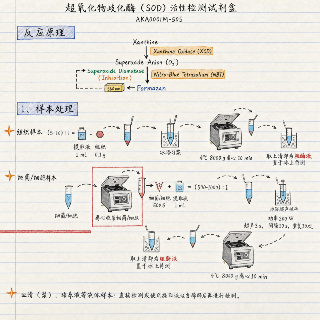 将图片中超氧化物歧化酶活性检测试剂盒的反应原理和样本处理部分，转成横格笔记本上手写手绘的风格，全部文字为手写字体，流程图为手绘风格，保留所有原始内容，不简化内容，横格纸背景预览效果