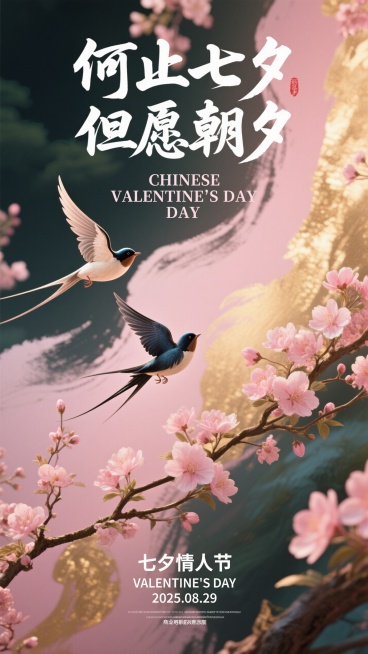 中国风七夕主题，粉金水墨背景、比翼鸟、花枝，浪漫、古典且温馨的氛围。 书法字体  国潮插画风
海报顶部文字 ：何止七夕 但愿朝夕 CHINESE VALENTINE'S DAY
底部小字：七夕情人节预览效果
