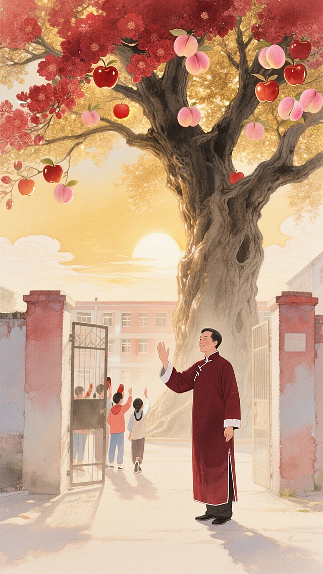 夕阳如血，洒下一片温暖而瑰丽的余晖，为整个场景铺上了一层金色与深红色交织的梦幻薄纱。学校门口，一位身形挺拔的老师静静伫立。老师身着一袭传统的中式长衫，衣角随风轻摆，领口与袖口处精致的深红色滚边，在夕阳下泛着柔和光泽，凸显出中式服饰的典雅韵味。
老师面带微笑，那笑容如同暖阳，温暖而亲切，他正向着学生们挥手告别。手臂挥动间，姿态优雅而从容，仿佛在向学生们传递着无尽的关怀与期许。从老师的身影之中，生长出一棵巨大且繁茂的树，树干粗壮而苍劲，盘根错节，似在诉说着岁月的故事，又如同老师深厚的学识底蕴，根基稳固。
树枝向四方伸展，枝头开满了花朵，花瓣层层叠叠，或舒展，或半绽，皆以细腻的笔触勾勒，有着水墨画般的灵动与韵味。这些花朵色泽明艳，以金色与深红色为主调，金色花蕊在微风中轻轻颤动，仿佛在散发着阵阵芬芳。
树上结满了发光的果实，有红彤彤的苹果，粉嘟嘟的桃子，它们每一个都宛如一盏精致的小灯笼，散发着柔和而明亮的光芒。光芒交织在一起，照亮了前方蜿蜒的小路，为学生们的前行之路指引方向。
背景之中，天空中飘荡着形态各异的祥云，以金色线条描绘轮廓，内部填充着淡淡的深红色，与整体色调相得益彰。祥云缭绕，为画面增添了一份祥瑞、宏大的氛围，更显高大上。