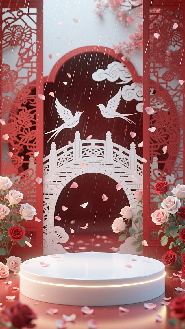 五彩斑斓的白色圆形展台，展台后面有剪纸艺术鹊桥，玫瑰花瓣雨，整个背景是红色剪纸艺术窗花