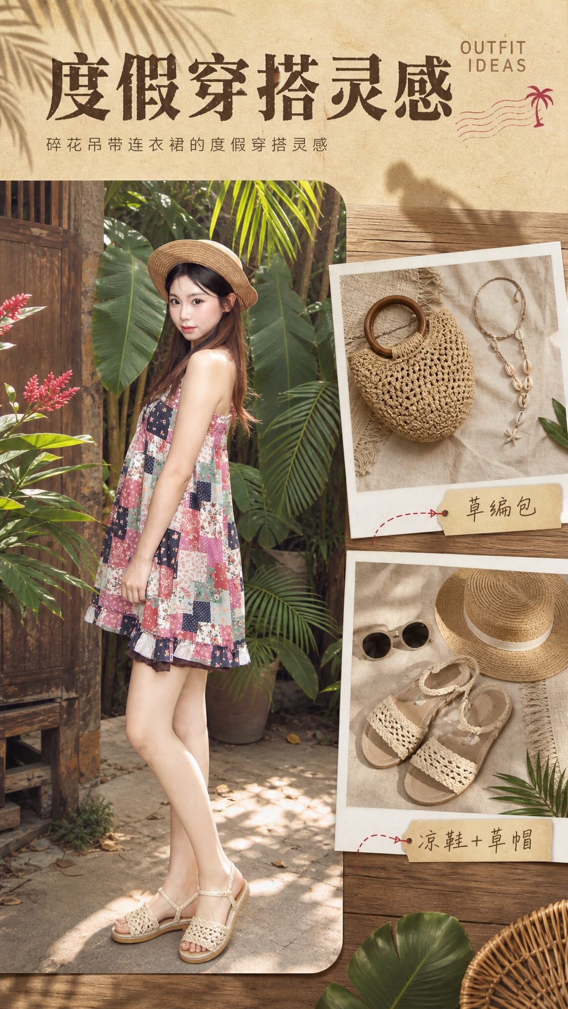 [商品] 使用【图1】复古拼布碎花吊带连衣裙；商品处理：保留吊… - 图片创意预览