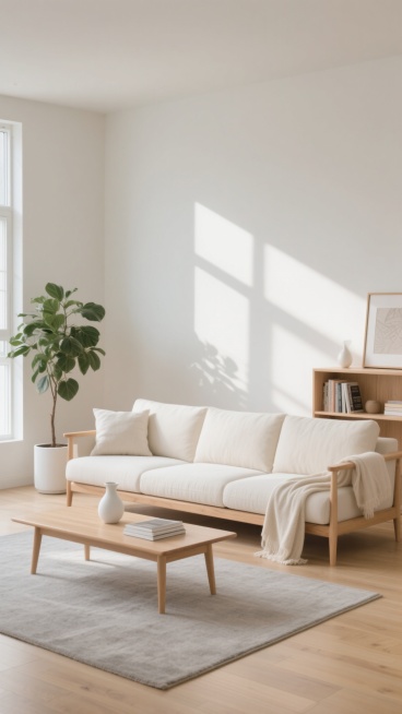 极简主义风格的现代客厅背景，整体以米白色、原木色和浅灰色为主色调，柔和的自然光从左侧大窗户斜射入室内，在墙面和地板上形成清晰而温暖的光影效果，光线明亮且均匀，营造出宁静、舒适、通透的氛围。画面中央是一张米白色布艺三人沙发，搭配同色系的靠垫，沙发腿部为浅色木质，沙发上随意搭着一条浅色毯子。沙发前方是一张浅木色长方形茶几，茶几上摆放着简约的白色陶瓷花瓶和几本书籍。沙发左侧靠近窗户处有一盆茂盛的绿色……预览效果