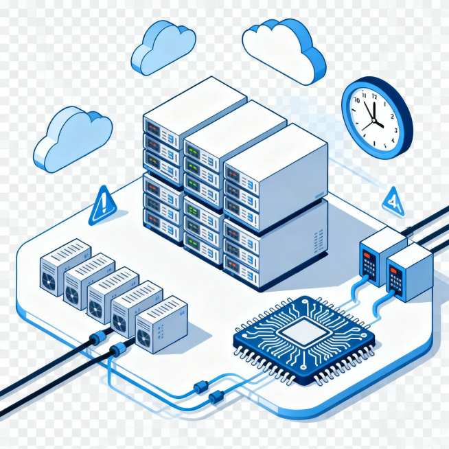 isometric illustration, 2.5D illustration, server stack, data center, 24-hour clock, processor chip,预览效果
