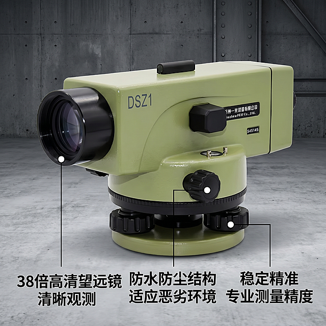 [主图 2] 苏州一光水准仪核心卖点展示图
[氛围风格] 硬核工业风，专业清晰
[画质] 商业摄影质感、光线硬朗通透、产品清晰真实、画面干净高级
[元素] 苏州一光DSZ1水准仪放置在灰色工业风背景中，产品占据画面中心偏上位置；保持水准仪外观（物理结构、材质质感、军绿色配色）与输入产品图绝对一致，杜绝任何变形和色差，精细化处理。商品主体占比约60%，画面下方预留文字区域，满屏无边框；使用极细黑色引线分别连接水准仪镜筒、机身调焦旋钮、底座，引线末端配白色定位光点
[光影] 硬侧光，产品轮廓清晰，金属部件有自然高光反射，背景均匀干净
[配色] 深灰工业背景，军绿色产品主体，黑色引线白色光点，深底白字强对比
[视角构图] 水平平视，中心对称构图，视觉聚焦产品
[文字版式] 每个引线末端对应标注卖点文字：镜筒位置标注「 38倍高清望远镜 清晰观测」，调焦旋钮标注「 防水防尘结构 适应恶劣环境」，底座标注「 稳定精准 专业测量精度」；每个卖点文字左对齐，字号适中，字重对比清晰，不遮挡产品主体
[比例分辨率] 1:1 比例，2k 分辨率，文字清晰可辨，超高清
[负向提示词] 变形，水印，文字错乱，产品图模糊，背景杂乱，遮挡主体