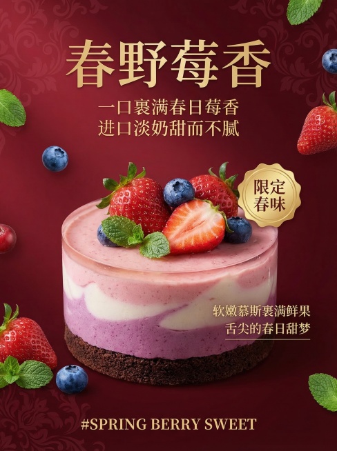 新品海报，主题为“春野莓香”进口淡奶草莓慕斯蛋糕，中心特写分层通透的草莓慕斯蛋糕，粉白慕斯搭配巧克力胚，顶部装饰新鲜草莓、蓝莓和薄荷叶。背景为深红渐变暗纹，散落莓果和薄荷叶点缀，轻奢莓果甜品风格，色调预览效果