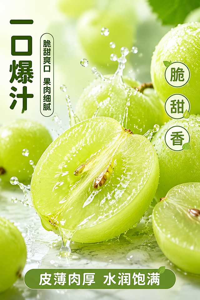 [第4屏] 详情页口感质地-爆汁脆甜果肉特写。本屏使用【图1】作为商品主体参考，重点展示切开的果肉。
[氛围/风格] 微距美食摄影风，水润爆汁，极致食欲感，商业质感。
[元素布局] 画面中心是切开的阳光玫瑰青提果肉特写，占比约50%，果肉晶莹剔透泛着水光，果汁欲滴；周围散落完整青提和半颗青提，带水珠；背景虚化的淡绿色；有果汁飞溅的动态效果；底部有浅色大理石台面。
[光影质感] 侧上方柔光，果肉内部透光，表面高光反射，水润感极强，阴影柔和。
[配色色系] 全局底色 #E0F2F1 淡青绿；主色果肉嫩绿 #AED581；辅助色透明水感、白色高光；点缀色深绿果皮。
[视角构图] 微距特写，略微俯视，果肉为绝对视觉中心。
[文字版式] 左上角竖排主标题「一口爆汁」圆润黑体大字；副标题「脆甜爽口 果肉细腻」；右侧中部三个口感标签「脆」「甜」「香」圆形图标；底部横条写「皮薄肉厚 水润饱满」；字色深绿+白色，统一圆润黑体。
[比例分辨率] 2:3竖版比例，4K分辨率，文字清晰可辨，高清画质。
[负向提示词] 果肉发黄，质感干瘪，没有水珠，果汁不真实，文字错乱，水印，背景杂乱。