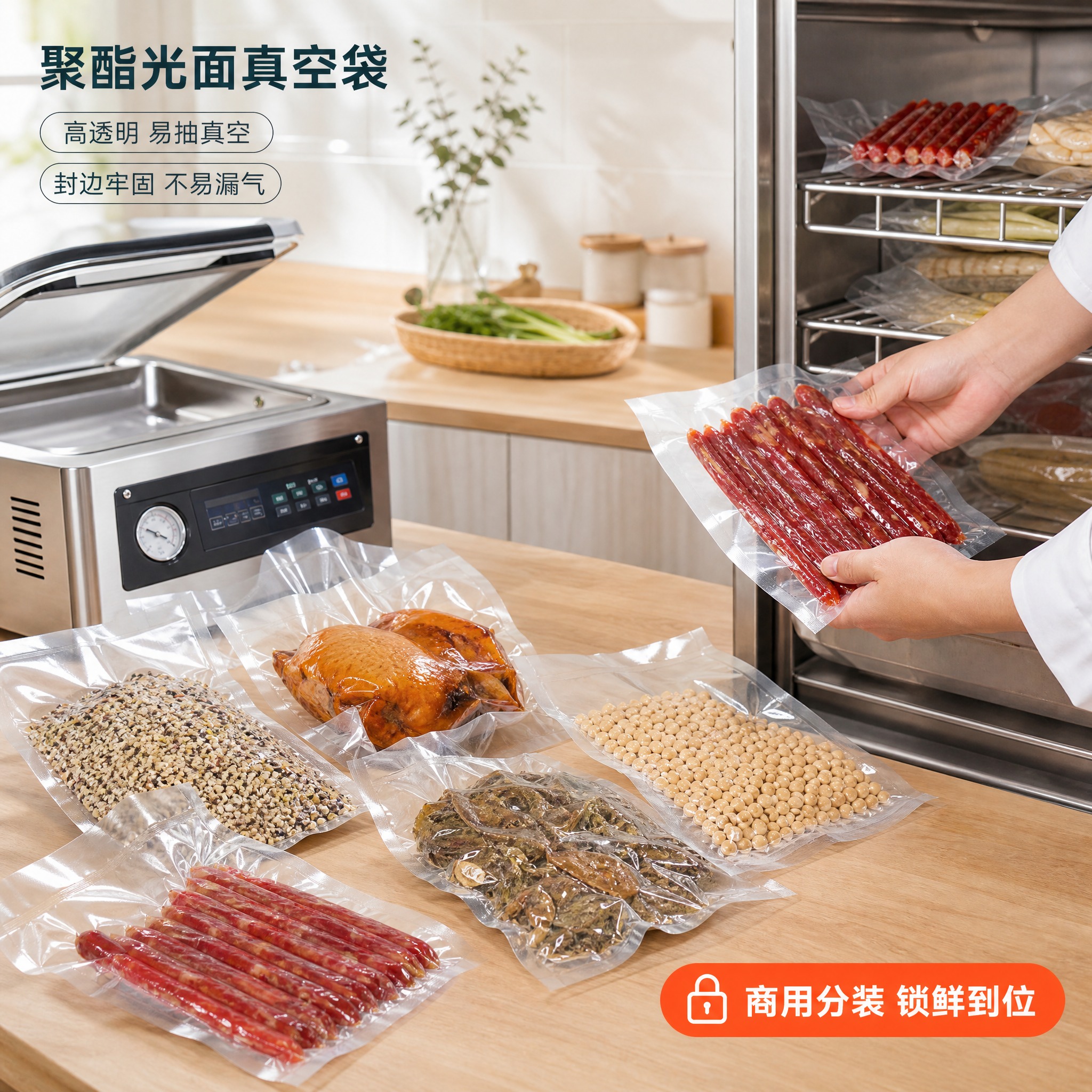 [主图-4] 聚酯光面真空袋 真实食品分装场景与使用方式。唯一… - 图片创意预览