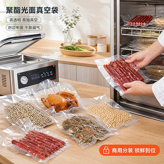 [主图-4] 聚酯光面真空袋 真实食品分装场景与使用方式。唯一任务：展示在餐饮备餐与食品分装场景中的真实使用方式与适配性。
统一基调：整套为清透洁净的商用食品包装调性；背景主色为洁净白至清透蓝绿浅渐变；标题字色为深墨蓝绿，辅助字色为中灰蓝，强调色为小面积鲜橙红；标题与说明文字统一使用同一款无衬线黑体，仅以字号和粗细分层级；信息组件统一为圆角胶囊标签、细白描边浅色半透明卡片与线性小图标，文字一律横排。
画面：真实厨房备餐场景，场景沉浸式构图。浅木色操作台面，左后方一台不锈钢真空机正在工作，中部台面上平铺排列若干已抽真空的袋子，分别装着腊肠、黄豆、杂粮与肉类，形态紧实；右侧局部双手正托起一袋腊肠准备放入不锈钢冷藏层架，视线平视略低；环境为浅色橱柜与暖白墙面；商品外观、袋型与透明度与输入图保持一致，手部只出现必要手指且结构正常。
光影质感：窗边自然光与厨房暖白光混合，明亮通透，袋面高光柔和，台面有自然接触阴影，产品自然融入环境，不出现边缘硬切与白底残留。
配色：环境色为浅木色与不锈钢银灰，标题字色与组件样式与整套保持一致，鲜橙红只用于右下角小面积场景标签。
文字版式：右下角横排短句"商用分装 锁鲜到位"，左上角保留小面积商品名"聚酯光面真空袋"；统一无衬线黑体，主标题大、辅助字小，不遮挡操作动作与产品。
输出要求：1:1 正方形，中文清晰，场景真实合理，接触关系与遮挡正确；禁止悬浮、穿模、手指畸形、面部扭曲、模糊、杂乱、水印、平台 Logo。