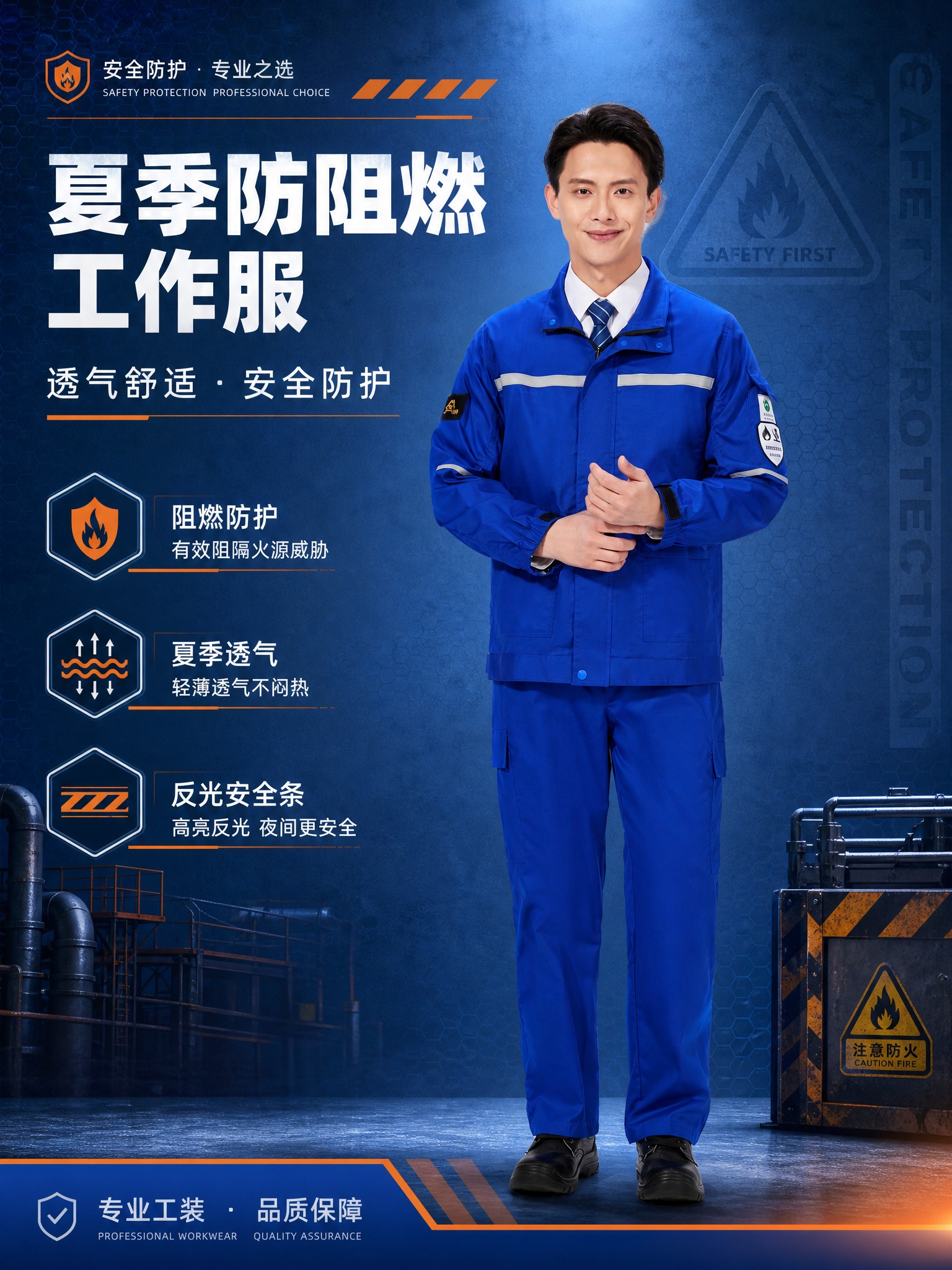 基于上传的蓝色夏季防阻燃工作服商品图，制作一张工业安全风格的商… - 图片创意预览