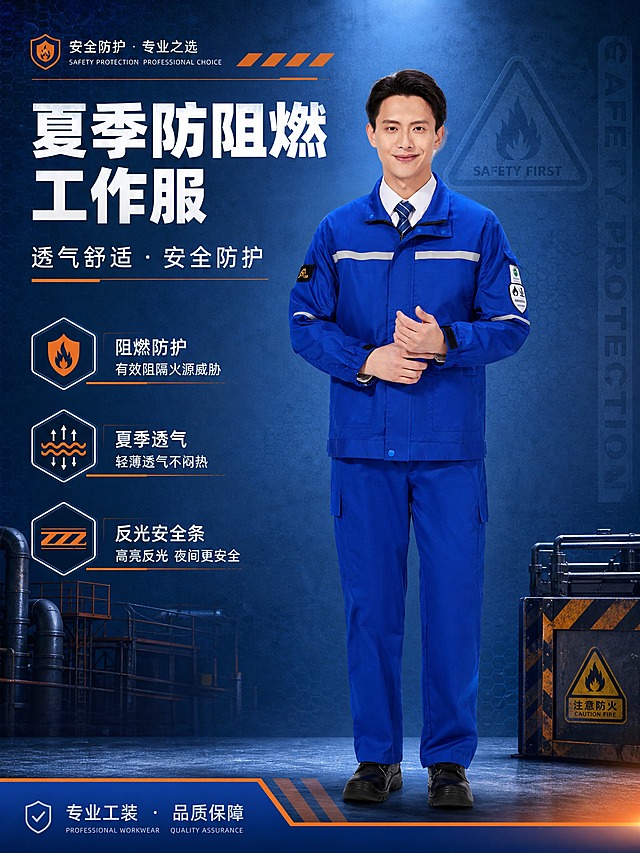 基于上传的蓝色夏季防阻燃工作服商品图，制作一张工业安全风格的商品营销海报。产品100%还原上传商品图的外形、颜色、面料质感、反光条位置、臂章标识、整体版型与正面朝向，以上传图为唯一商品主体来源，设计仅作用于背景、光影、道具、版式和文字区。画面比例3:4竖版。

背景：工业风渐变背景，深蓝到浅蓝过渡，带有微妙的金属网格纹理和安全警示元素点缀，营造专业安全的工业氛围。

构图：人物模特穿着防阻燃服位于画面中下部，占据画面主体位置，姿态自然专业；画面上半部分为标题和卖点信息区，左右留白均衡。

光影：侧前方柔和工业光，突出服装面料质感和反光条效果，阴影自然。

配色：以蓝色为主色调，搭配橙色作为安全警示点缀色，白色文字，整体专业稳重。

文字内容（必须清晰呈现）：
- 主标题："夏季防阻燃工作服"
- 副标题："透气舒适 · 安全防护"
- 卖点标签1："阻燃防护"
- 卖点标签2："夏季透气"
- 卖点标签3："反光安全条"
- 底部辅助文案："专业工装 · 品质保障"

版式精美，文字放在负空间不遮挡人物主体和服装关键细节，卖点标签以图标+短句形式呈现，层级分明，整体为完整可用的成品商业海报。画面中所有信息区域必须填充完整合理的内容，不得出现空白框或占位。